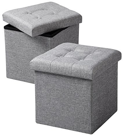 WOLTU 2er Set Sitzhocker mit Stauraum Sitzwürfel Sitzbank Faltbar Truhen Aufbewahrungsbox, Deckel Abnehmbar, Gepolsterte Sitzfläche aus Leinen, 37,5x37,5x38CM(LxBxH), Hellgrau