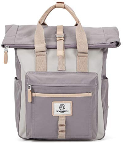 SEVENTEEN LONDON – 12L Laptop-Rucksack für Damen 15 Zoll Mädchen Jungen Schulrucksack Wasserabweisendes Nylon Roll Top Rucksack in Grau & Cremefarben für Universität/Reisen/Herren – 'Canary Wharf'