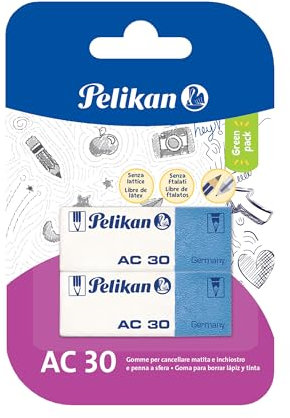 Pelikan 24005999 Radiergummis, Gummi AC 30, weiß und blau, geeignet für technische und schulische Zeichnungen, für Bleistift und Tinte, Blister mit 2 Stück,