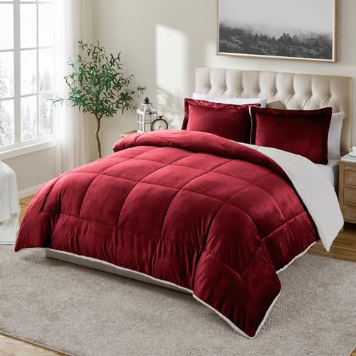 Cathay Home King Comforter Set: Ultra Soft and Plush Reversible Micromink and Sherpa 3-Piece Bedding Set, Burgundy, King (102 x 90)