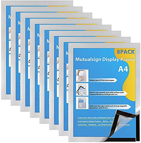 Mutualsign Magnetrahmen Info-Rahmen A4 Selbstklebender Magnettasche Informationsrahmen magnetisch, Wand und Fenster Info-Rahmen. (Silber, 8 Stück)