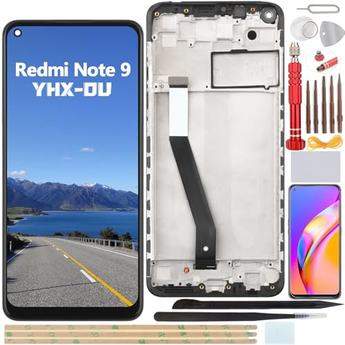 YHX-OU 6.53'' Negro + Marco Pantalla LCD para Xiaomi Redmi Note 9 M2003J15SC M2003J15SG M2003J15SS Kit de Reparación de Pantalla Táctil Digitalizador con Herramientas + Vidrio Templado
