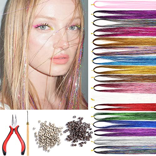 Haar Lametta Kit, 12 Farben Haarverlängerungen, 100 beige und 100 braune Silikonringe, funkelndes Kunsthaar mit Werkzeugen, Haarschmuck für Mädchen
