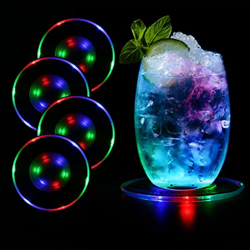 MEDOYOH 4er-Set Bunt LED Untersetzer Leuchtende für Getränke, ON/Off Taste Getränke Untersetzer Set, Wasserdicht Untersetzer Acryl Rund ür Gläser Flaschen Partys Hochzeiten Bar Weihnachten Pub