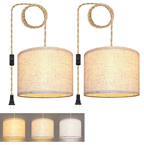 KUAUGST Plug in Pendant Light, Hanging Lights with Plug in Cord, Hanging Lamp with 15ft Hemp Rope, On/Off Switch, Beige Linen Shade, Light Fixture for Bedroom, Living Room, Dining Table 2 Pack