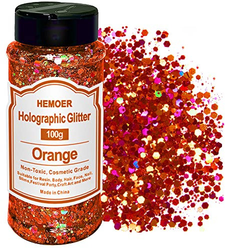 HEMOER Paillettes Olografiche Glitter Grosso, Arancia 100g Olografiche Chunky Paillettes Glitter Unghie per Viso, Corpo, Occhi, Capelli, Unghie, Glitter per Hobby Creativi