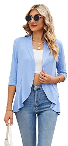 Famulily Cardigan estivo da donna con maniche a 3/4, leggero drappeggiato scialle sciolto camicetta casual cardigan con volant aperto sul davanti, Blu, XL
