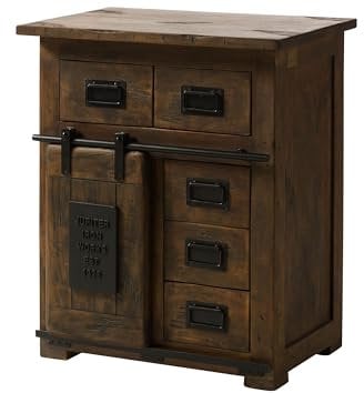 MASSIVMOEBEL24.DE | Railway kleine Kommode aus Massivholz #410 | aus Mangoholz - braun geölt | 80x45x85 cm | 3 Fächer, 3 Schubladen - mit Schiebetür | Sideboard Schrank