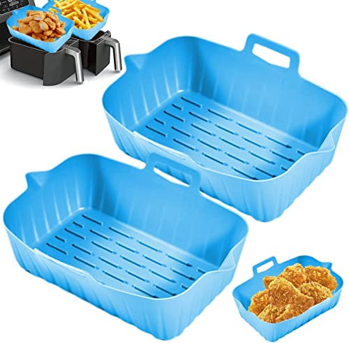 2Pcs Air Fryer Silicone Pot for Ninjas Dual Air Fryer, Reusable Silicone Double Basket Air Fryer Liners Replacement of Parchment Paper Liners for Air Fryer Oven and Microwave (02 Blue)