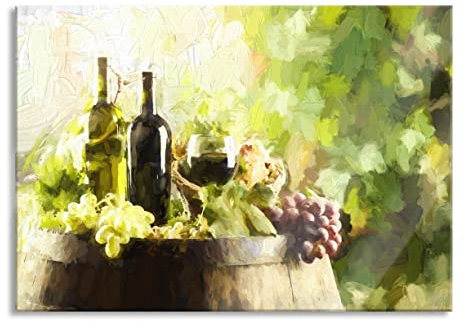 Pixxprint Glasbild, Wandbild aus Echtglas, Wein mit Weintrauben auf Fass, 80x60 cm, inkl. Aufhängung und Abstandshalter