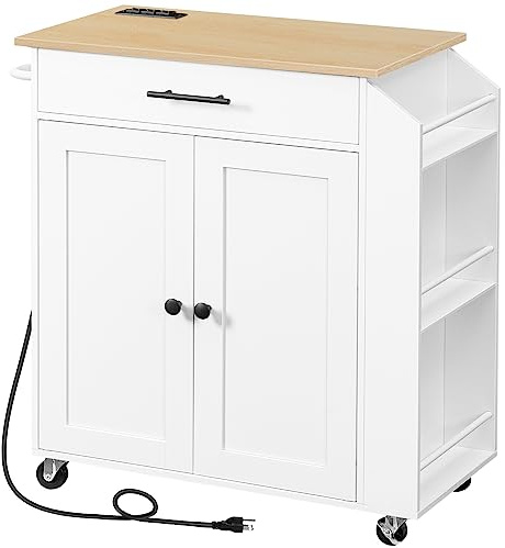 HOOBRO Isla de cocina con toma de corriente, isla de almacenamiento de cocina con estante para especias y cajón, carrito de cocina rodante sobre ruedas, para el hogar, cocina y comedor, madera blanca