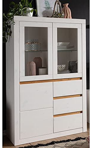Lomadox Highboard Schrank Vitrine Standvitrine Vitrinenschrank Massivholz Kiefer massiv Weiss weiß 94,5x150x42 cm