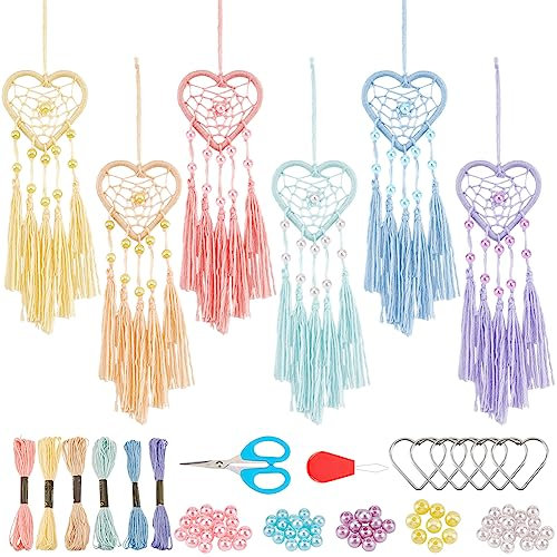 INFUNLY 6 Sets Traumfänger-Set Auto-Charm-Ornament Herz Kleines Traumfänger-Set DIY-Traumfänger-Herstellungsset Kleines Boho-Auto-Charms-Anhänger-Zubehör Auto-Innenraum Rückspiegel Taschen-Charm