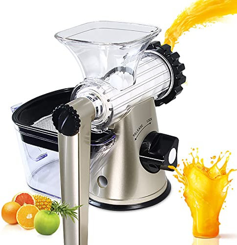 Presse-fruits à manivelle, presse-agrumes manuel pour fruits et légumes, large goulotte d'alimentation de 9,9 cm, presse-citron avec poignée en silicone, presse-agrumes à main, ustensiles de cuisine