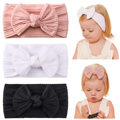 Jollybows 3 Stück Haarreifen Baby Mädchen, Haarschleife Stirnband Haarband Nylon-Haarbänder für Kinder Neugeborene Haar-Accessoires (Schwarz Weiß Rosa)