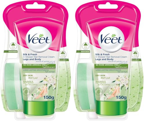 Veet Pure Dusch-Haarentfernungscreme für Körper, Arme & Beine - Enthaarungscreme für die Dusche, für trockene Haut - 150 ml inkl. Schwamm (Packung mit 2)
