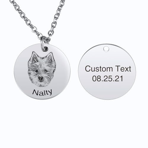 INBLUE Personalisierte Haustier Porträt Halskette für Frauen Edelstahl Rund/Herz Scheibe Gravur mit Bild Name Angepasst Haustier Verlust Gedenk Geschenke für Haustier Liebhaber A1 - Silber