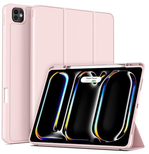 ZOYU iPad Pro 13 Inch Case M4 2024 Model 7th Generation With Pencil Holder, Soft Slim TPU Back, Smart Auto Wake/Sleep, Supports Pencil Pro & USB-C Charging - Pink