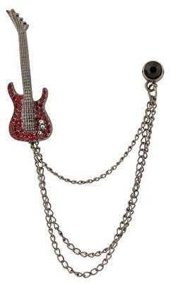 Knighthood Broche guitare cloutée noire et rouge avec détails en pierre rouge et chaînes superposées pour homme – Accessoire inspiré du rock pour costumes et vestes, Standard, Métal, Pas de gemme