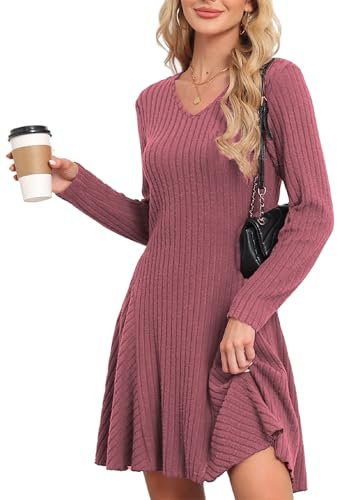 SENBATU Robe tricotée Femmes Automne élégant Pullover Robe Manches Longues col en V vêtements d'hiver Rose foncé XX-Large