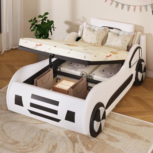 Lexiou 90 x 200cm, Flachbett, Bett mit Lattenrost (ohne Matratze), Modell Autobett, Autobett, Kinderbett, Kinderbett mit Unterbettstauraum (Weiß)