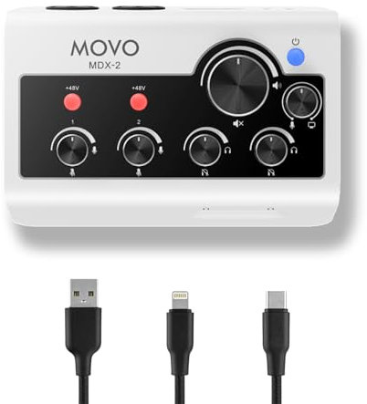 Movo MDX-2 2 Channel XLR Portable Audio Interface – Compact, Battery-Operated Design - Compatible with PC, Mac, iPhone, iPad, and Android, 48V Phantom Power, USB-A, USB-C, & Lightning Cables Included