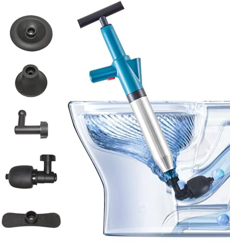 Desatascador de Tuberías con Aire Comprimido, Desatascador de Inodoro con Barómetro, Desatascador Tuberias a Presion con 4 Cabezas de Pistón e Inflador para Inodoro, Lavabo, Bañera