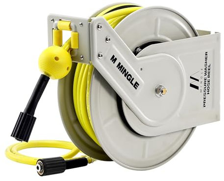 M Mingle Retractable Pressure Washer Hose Reel, 1/4 × 60ft Heavy Duty Professional Hose Reel, Auto Rewind Power Washer Hose Reel, Wall/Floor Mounted, 3600 PSI