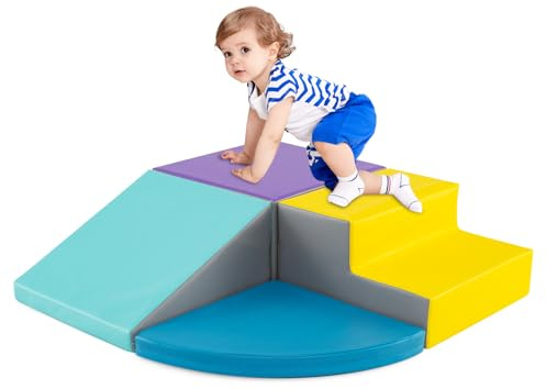 COSTWAY 4PCS Parcours Motricité Bébé en Mousse EPE avec Housse en PU, Module Motricité Bébé avec Toboggan & Différentes Formes, Jouets Éducatifs Colorée pour Ramper pour Enfants d'Âge Préscolaire