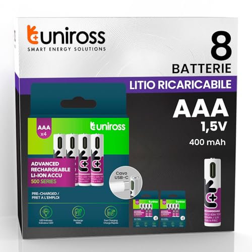 Pilas Mini Stylus AAA Recargables con Cable USB-C 4 en 1 1,5 V 400 mAh/703 mWh + 1000 ciclos de Carga Pilas de Litio HR3 Ministilo Uniross Teclados Ratón Mandos Larga Duración – 8 Pilas