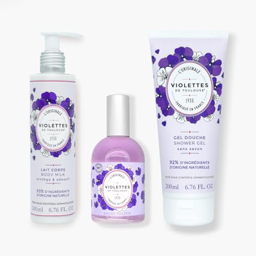BERDOUES - Lot Eau de Toilette Violette de Toulouse, lait corps et gel douche, Made in France, Parfum femme et homme, flacon vaporisateur 110ml