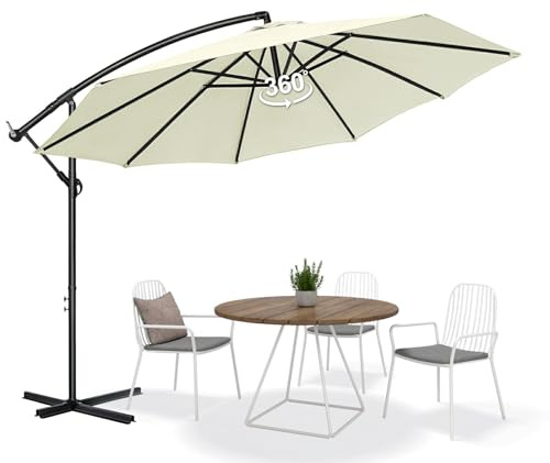 Sombrilla de jardín, 300 cm/350 cm, protección UV e impermeable, sombrilla de mercado, giratoria 360° y resistente al viento, protección solar para jardín y terraza, beige, 350cm
