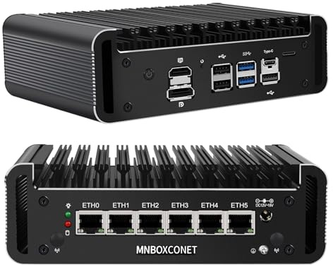 MNBOXCONET Mini PC Firewall Lüfterlos Core i3 1215U(up to 4.4GHz), DDR5 16GB RAM 512GB SSD Micro Appliance Hardware Computer 6 x 2.5GbE I226-V LAN, Win 11 Pro, OPNsense, USB C, TF, AES-NI