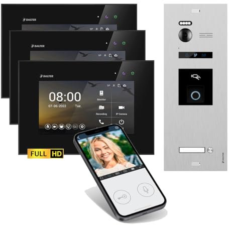 SCHUTZER Balter EVO 2-Draht Bus Video Türsprechanlage Komplettsystem mit 150° Weitwinkelkamera 2 Klingeltasten 7 Touchscreen-Monitor Interkom Nachtsicht-LEDs (Silber/Schwarz mit Wi-Fi, 3 Monitore)