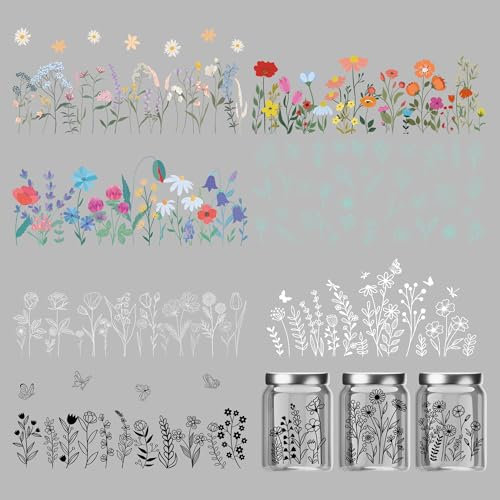 Flower Rub On Transfer Sticker - 8 Sheets Flowers UV DTF Cup Wrap for 16 Oz Glass Cups, Plant Butterflies Waterproof Transfer Stickers for Crafts Women Birthday Gifts