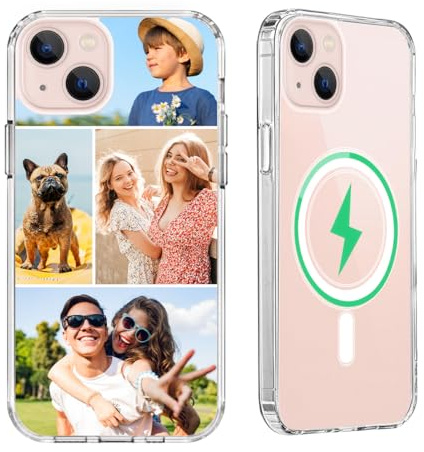 Customize Photo Case for iPhone 13 [Compatible with MagSafe] Personalized Collage Multi-Pictures Name Custom Magnetic Phone Cover Shockproof Protective Slim Fit Thin Clear Shell 6.1 inch Transparent