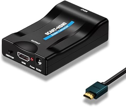 VGE Convertidor Euroconector a HDMI Adaptador Scart to HDMI - Convierte Señal Analógica (DVD/VHS) a Digital HD para TV/Proyector, Soporta PAL/NTSC, Plug & Play, con Cable Alimentación Negro