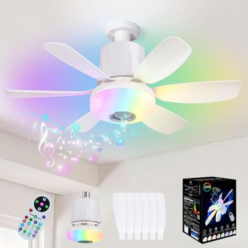Ceiling Fans with Lights and Remote,32W RGB LED Ceiling Fan Light with Bluetooth Music Player,18.5 E27 Light Bulb Fan Dimmable with 3 Speeds,3 Colors 3000K-6500K,Timer,Fan Lights Ceiling for Bedroom