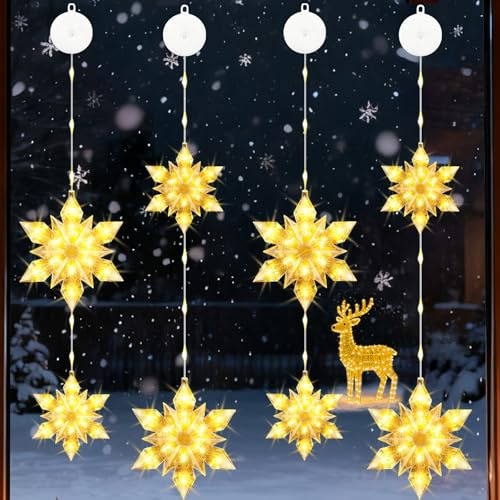 VEEKAY 4er Set LED Weihnachtsbeleuchtung, Weihnachten Lichter,8xLED Schneeflocken Weihnachtselemente,Warmweiß Lichtervorhang mit Saugnäpfe,Timer,Batteriebetrieben,für Weihnachtsdeko