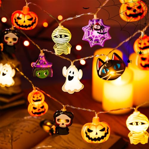 KOBOKO Halloween Deko Lichterkette,1,5M 10 LED Lichterketten Halloween Hexen Spinnennetze Geister Kürbis,Lichterkette Batteriebetrieben,Dekorative Lichter für Party,Veranda,Fenster,Innen Dekoration