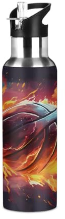 Entemne Borraccia termica per sport e pallacanestro, con cannuccia, 600 ml, per bambini, a prova di perdite, in acciaio inox, per ragazzi, ragazze, adulti, sport all'aria aperta