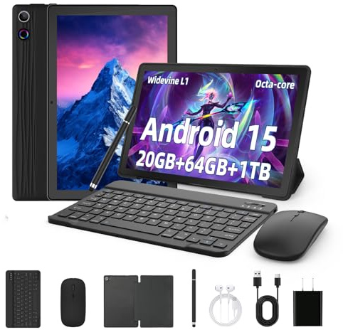 Tablet, Latest Android Tablet 10 Inch, 8-Core, 20GB+64GB+1TB TF, Dual Camera, Widevine L1, Face ID, HD Screen, 5000mAh Battery, Wifi 6, BT 5.4, 2-in-1 Tablets with Keyboard Mouse pen Protective Case