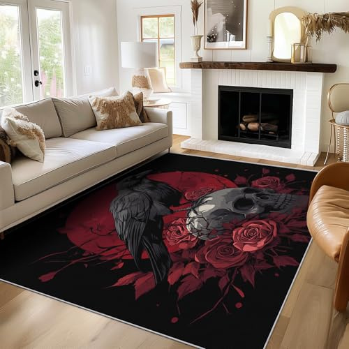 Generisch Krähen Schädel Teppich Wohnzimmer 100x150 cm, Waschbarer Teppich Gothic Schwarz Rote Rose, Weich Kurzflor Teppiche, rutschfest Fußmatte Bettvorleger Schlafzimmer ZY&L19