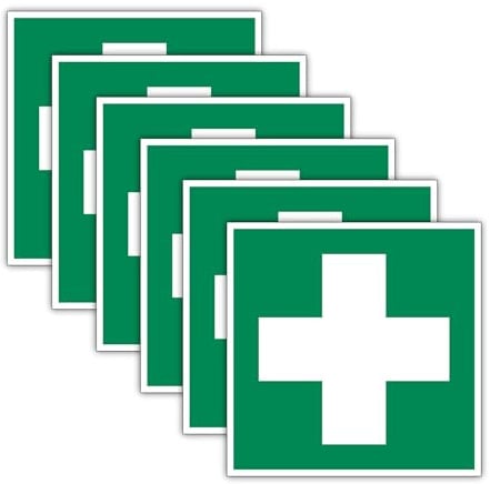 6 Aufkleber Erste Hilfe Rettungszeichen Symbol – Grünes Kreuz – Folie Selbstklebend Hinweisschild für Verbandkasten - 15x15 cm