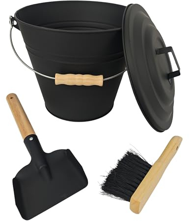 Relaxdays Ascheeimer mit Deckel, Größenwahl, inkl. Aschebesen & Kaminschaufel, Aschebehälter mit Henkel, schwarz/Natur