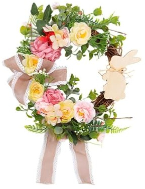 Oster Türkranz mit Blumen & Hasenmotiv – Frühlingskranz für Haustür, Osterdeko mit Juteband, Osterkranz ca. 35 cm (A)