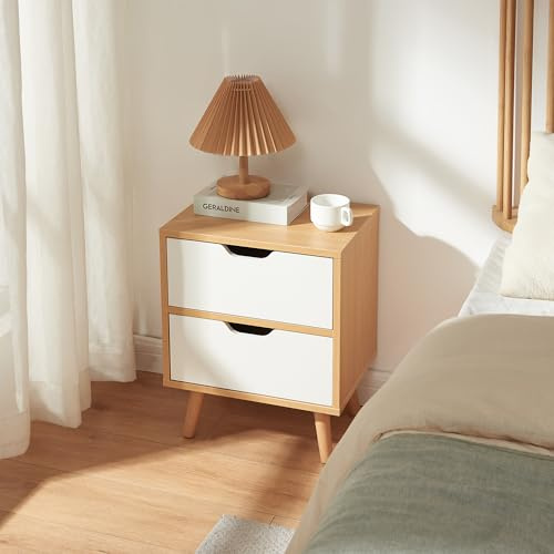 [en.casa] Nachttisch Bordkak Nachtschrank mit 2 Schubladen Beistelltisch 50 x 40 x 30 cm Nachtkästchen Nachtkommode Holzbeine Eicheoptik/Weiß