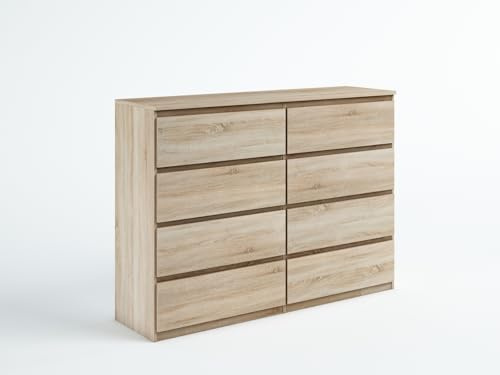 Masseno Kommode NUDO 120 cm Sideboard mit 8 Schubladen und Türen für Wohnzimmer Schlafzimmer Modern 120x39x101,5 cm Sonoma Eiche/Sonoma Eiche