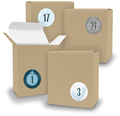DIY itenga Adventskalender Set V08 zum Selberbefüllen 24x Schachtel in Quader-Form Braun Kraftkarton + ZahlenSticker (Motiv Z16 Blautöne klassisch)