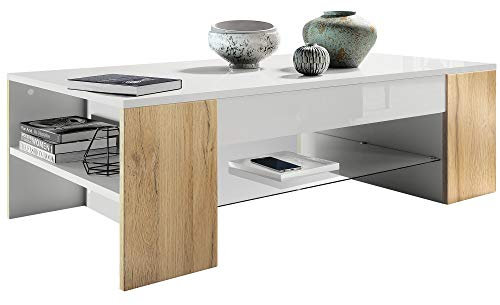 Vladon Couchtisch Clip, Made in Germany, Wohnzimmertisch mit 2 Seitenfächern und 1 Glasplatte, Weiß matt/Eiche Natur (118 x 37 x 60 cm)